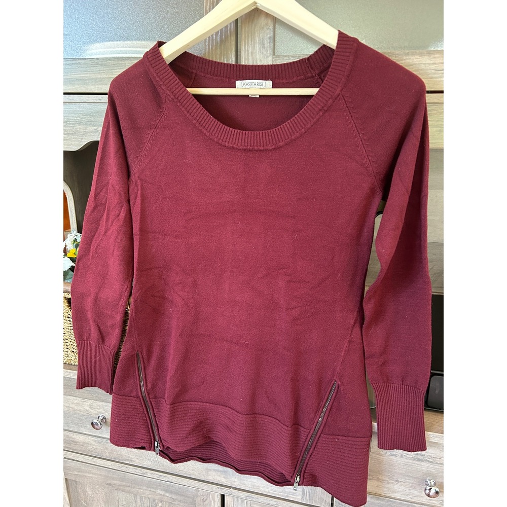 Kasota Rose Side Zip Sweater Women's Small Crew Neck Burgundy Comfy